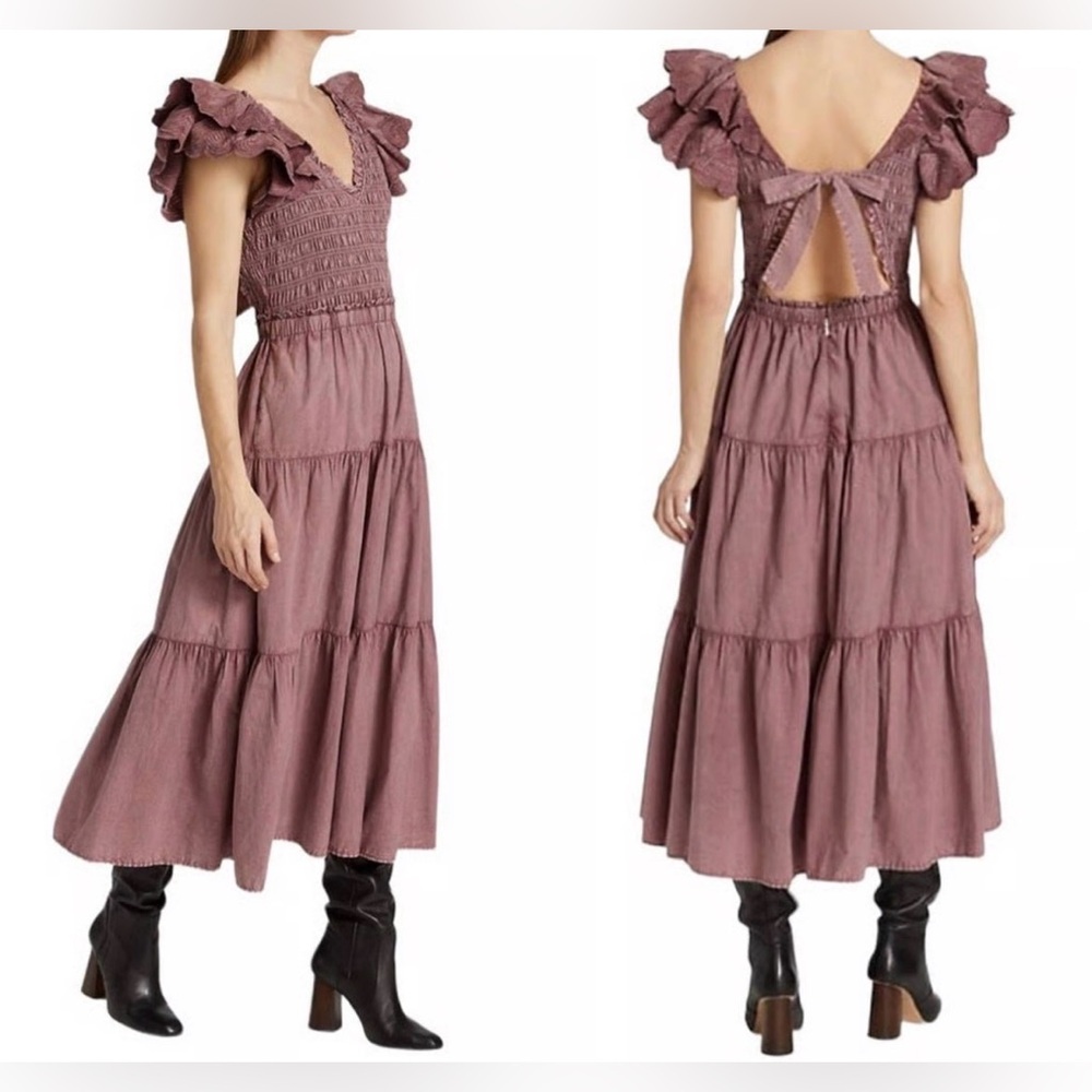 Sea New York Heidi Smocked Maxi Dress Rose Heart Open Back Women's Size 4 *6 - Picture 1 of 10